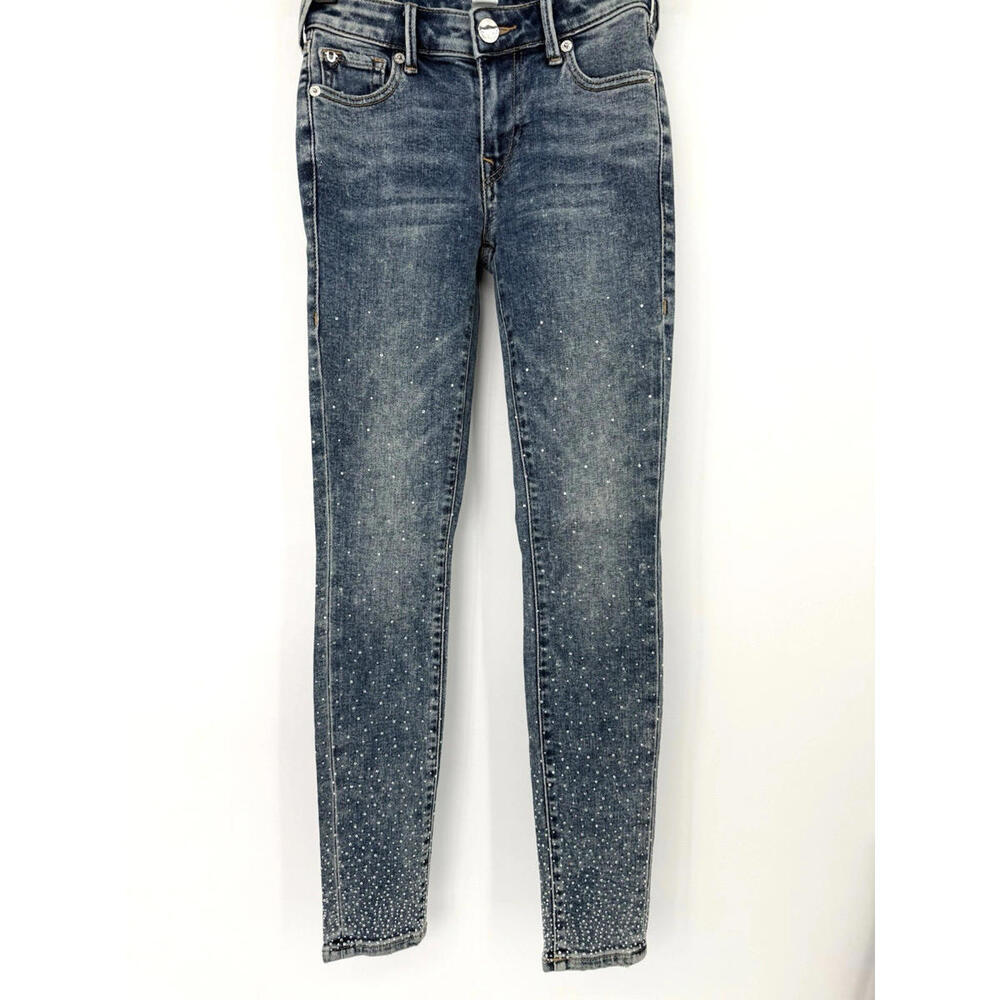 True Religion Vintage Stretch Jennie Curvy Mid Rise Skinny Embellished Jeans 24